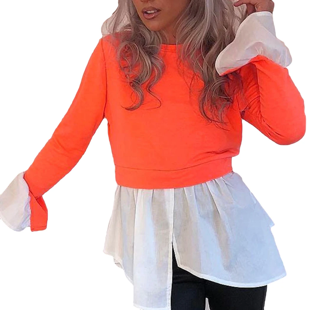 Имитация двух частей Лоскутная футболка Офисная Женская o-образным вырезом с длинными расклешенными рукавами Топы Туника Футболка женская повседневная Осенняя футболка уличная - Цвет: Orange