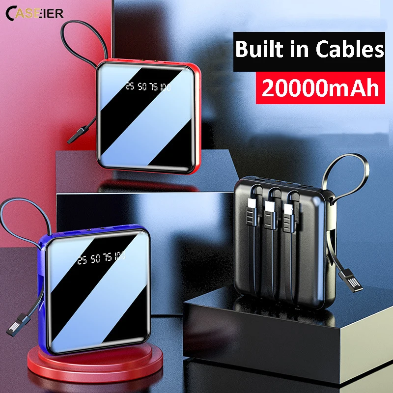 CASEIER-Mini batería portátil de 20000mAh con 4 cables, para Xiaomi Powerbank, Samsung, iPhone, Led