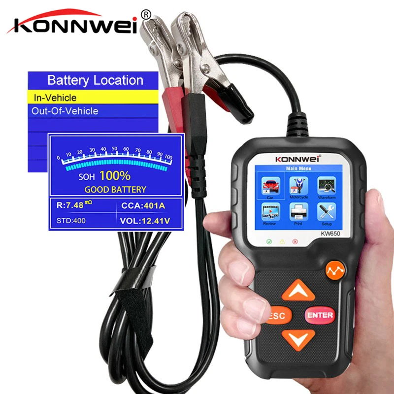 KONNWEI KW650 Car Battery Tester 6V/12V Auto Battery System Analyzer 100 to 2000 CCA Car Quick Cranking Charging Tool motorcycle oil temp gauge