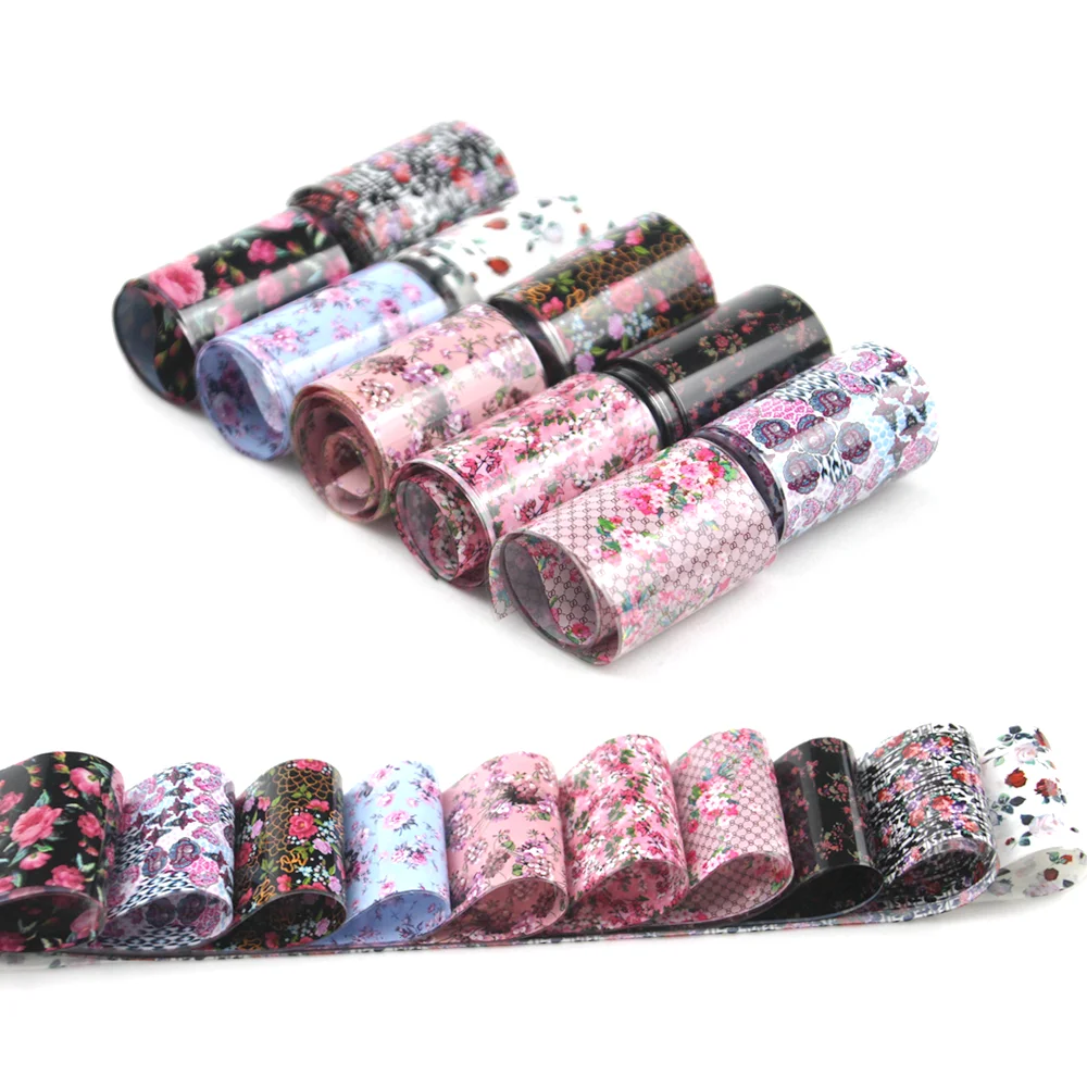 10 Rolls/Box Nail Art Foil Rose Flower Stickers for Nails Transfer Adhesive Wraps Paper Manicure Decoration Nail Decals