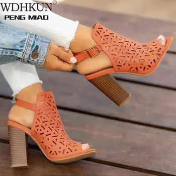 

Women Sandals Ankle Strap Summer Shoes Carved High Heels Sandals Plus Size 34-43 Hollow Out Open Toe Party Wedding Sandals