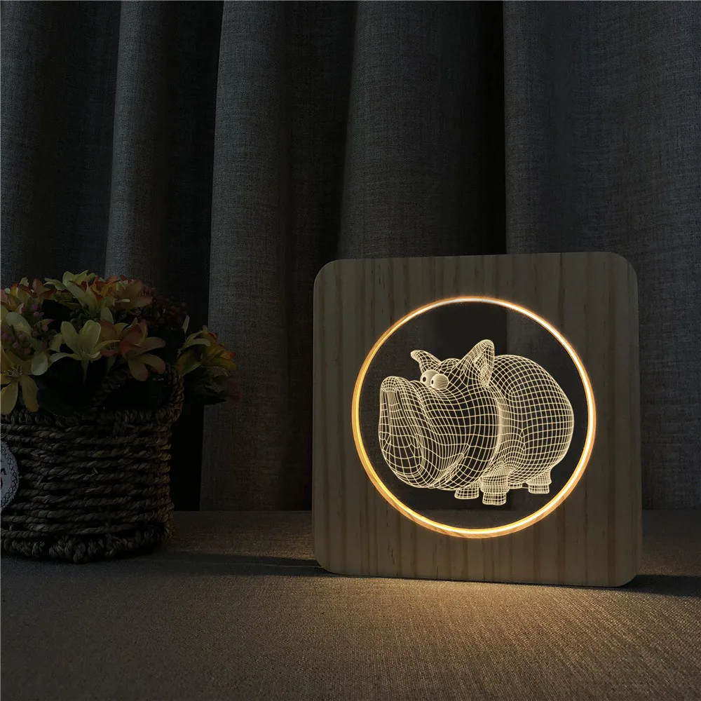 

Wooden Pig 3D LED Arylic Night Lamp Table Light Switch Control Carving Lamp for Student Back School Home Decor Party Gift