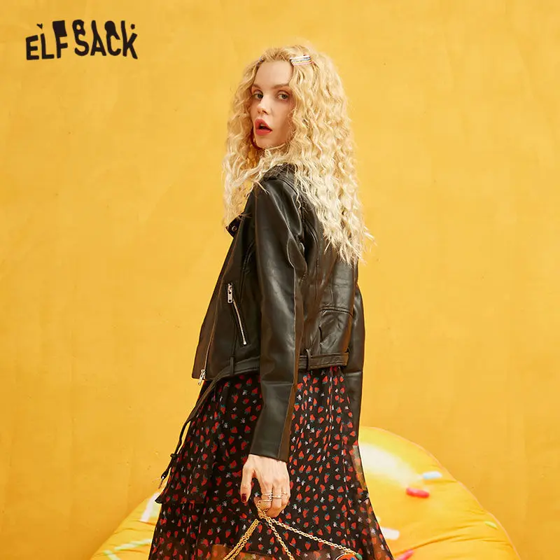ELFSACK женская кожаная куртка с карманами на молнии, осень, повседневная женская байкерская куртка с длинным рукавом