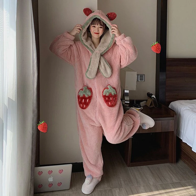 

Japanese Women Student Pajamas Autumn Winter Girls Sweet Thicken Sleepwear Cute plush Strawberry Hooded Siamese Pyjamas Homewear