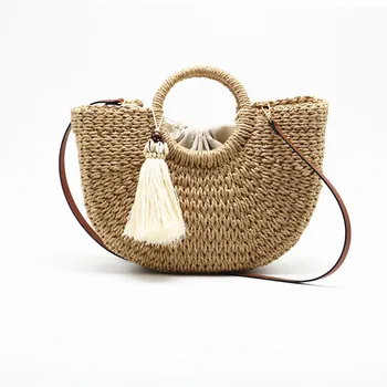 

Hand-woven Straw Women's Bags Tassel Shell Women Handbags Summer Beach Straw Female Tote Fashion Round Handle Woven Shopping Bag