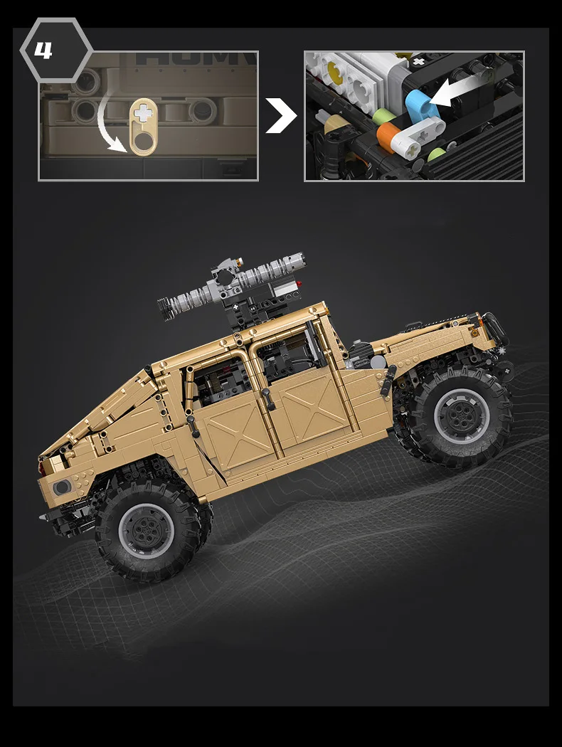 Technisches modernes Militärfahrzeug im Maßstab 1:8, 4 x 4, gepanzertes Humvee ORV-Baustein, Baumodell, Ziegelauto, Spielzeug für Geschenke – Detail 11