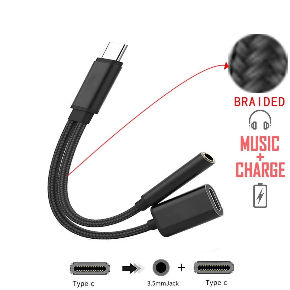 Плетеный 2 в 1 type C до 3,5 мм зарядное устройство для наушников звуковой разъем USB C кабель type-C до 3,5 мм разъем адаптера для мобильного телефона