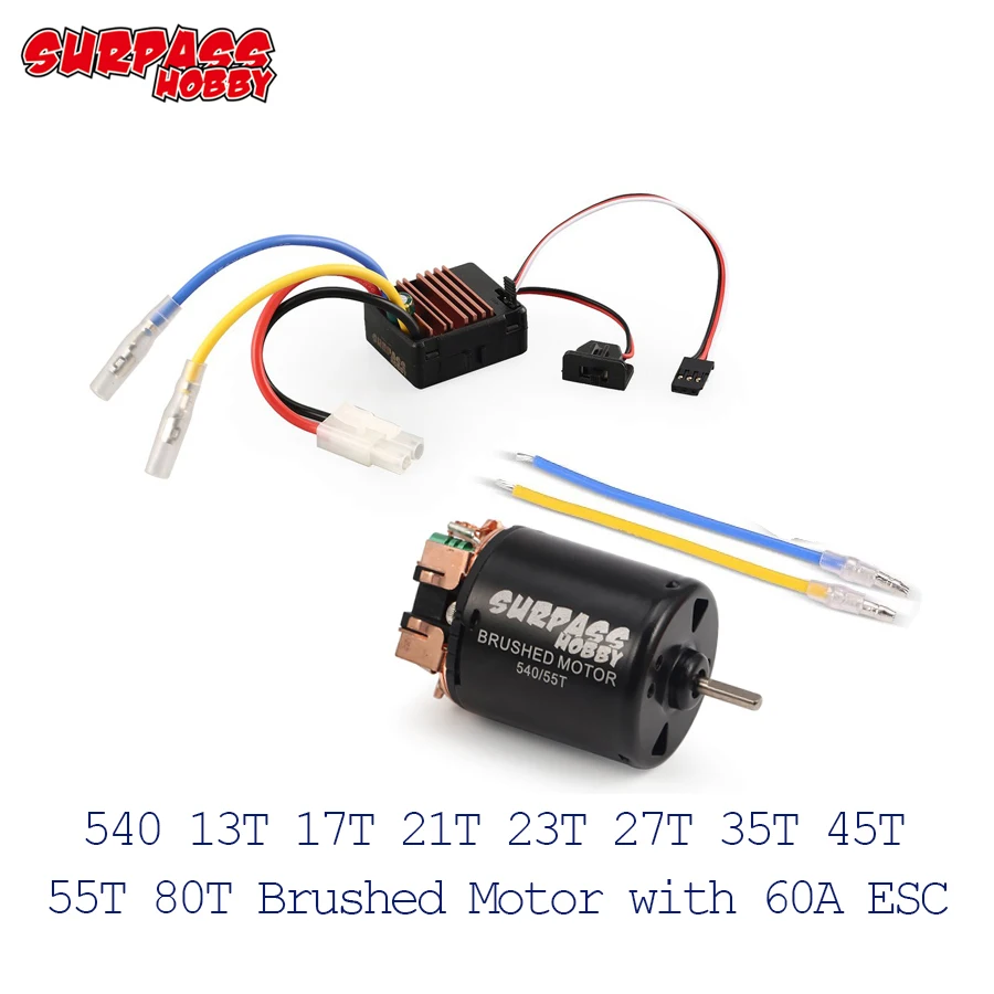SurpassHobby 540 13T 17T 21T 23T 27T 35T 45T 55T 80T матовый двигатель с 60A ESC 5V/2A BEC для 1/10 RC внедорожных
