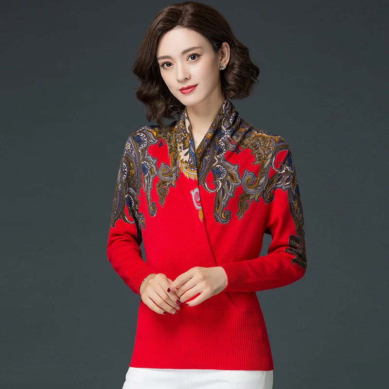 

Autumn Winter Women Vintage Printing Wool Sweater Elegant ladies Floral Cashmere Slim Sweater Pullover Free Shipping