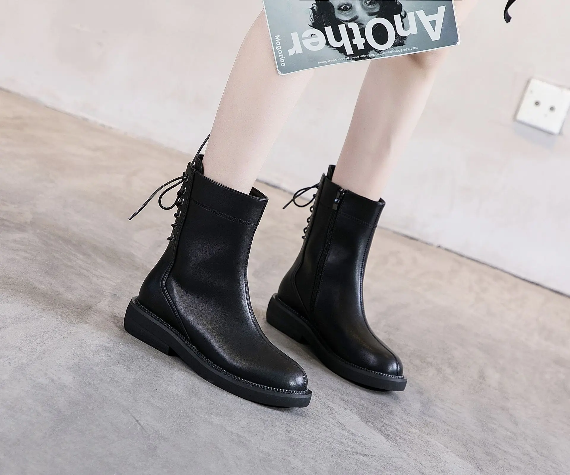 

INS Online Celebrity British-Style Martin Boots Women's 2019 New Style Genuine Leather Versatile Thin Boots Winter plus Velvet r