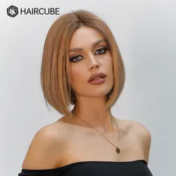 HAIRCUBE Short Human Hair Wigs for Women T Part Lace Front Wig Highlight Brown Straight Bob 13*1 Lace Natural Remy Hair Wigs