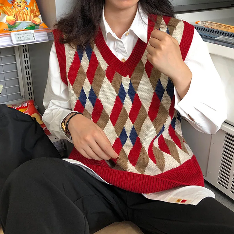 Осенне-зимняя вязаная клетчатая винтажная жилетка в Корейском стиле с v-образным вырезом без рукавов, свитера, женские пуловеры, женские(f134