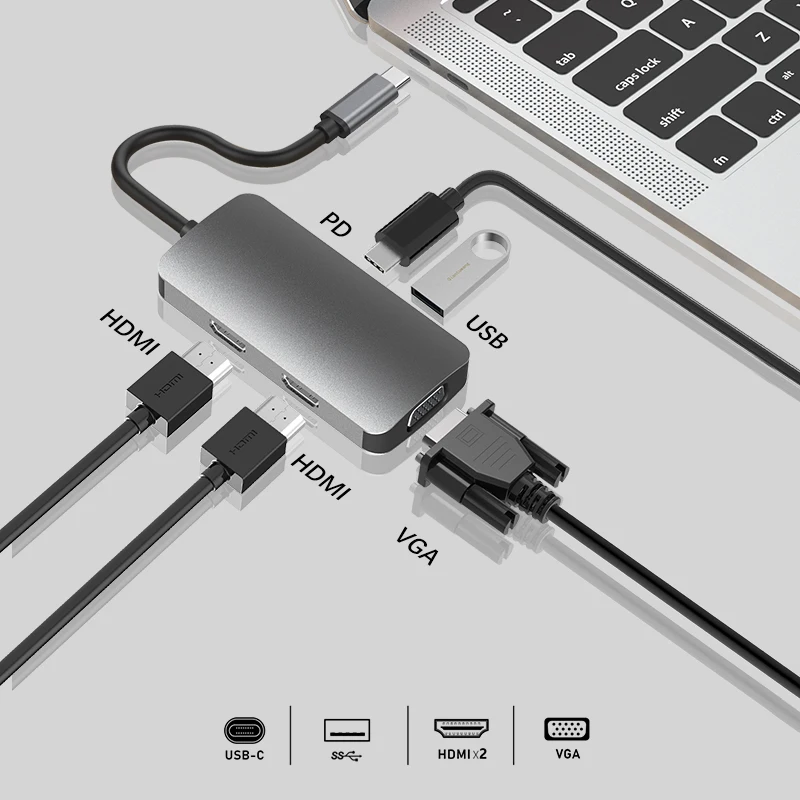 KuWFi 5 в 1 usb-хаб Type-C концентратор док к USB 3 0 HDMI VGA PD адаптер для MacBook Pro/ноутбука |