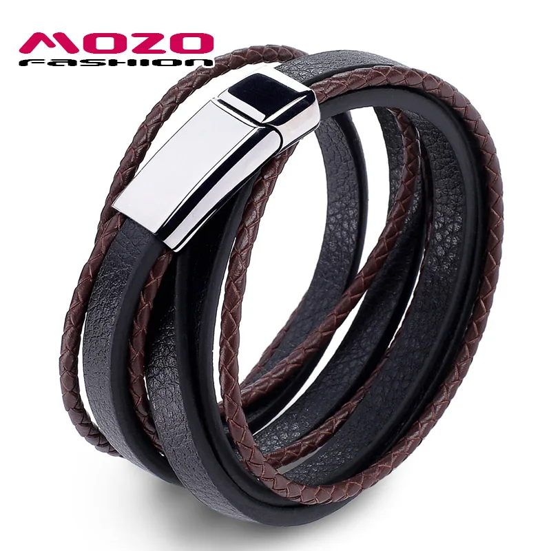 SY043-Z Mozo Fashion Jewelry Для мужчин черный кожаный шнурок цепи Нержавеющая сталь браслеты из нержавеющей стали, ювелирные изделия, человек Винтаж ремешок Для женщин браслеты-подарки 043 - Окраска металла: SY043-Z