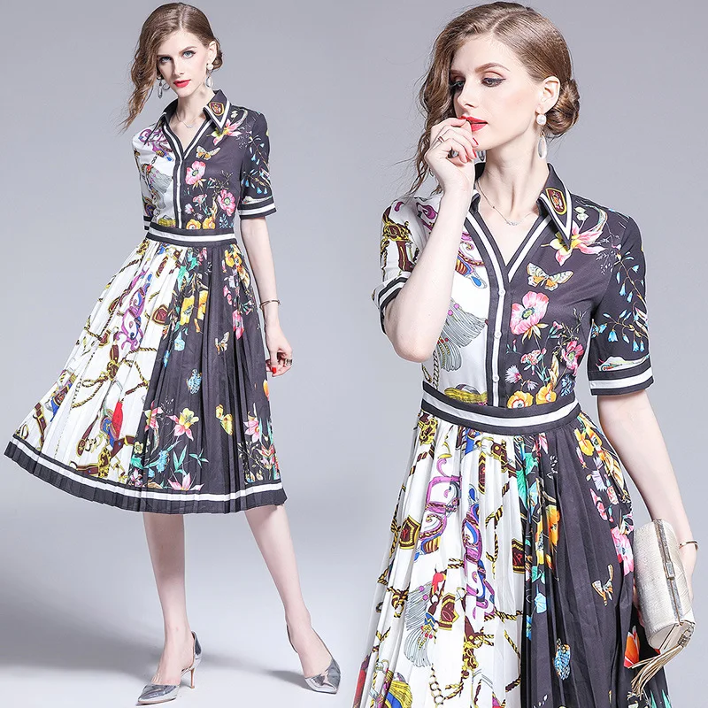 

2019 Summer Wear New Style Women's Printed V-neck Half-sleeve Shirt Waist Hugging Pleated Mid-length over-the-Knee Elegant Dress