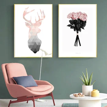 

Geometric Deer Abstract Canvas Art Print Rose Flower Posters And Prints Nordic Poster Pink Art Painting Wall Pictures Home Decor