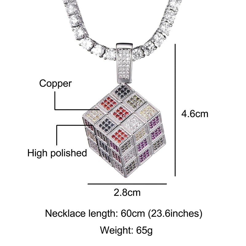 US7 Bling Square Dice Pendant Necklace Copper Gold Silver Color Iced Out Cubic Zircon Men Hip Hop Jewelry Street Danc Gift
