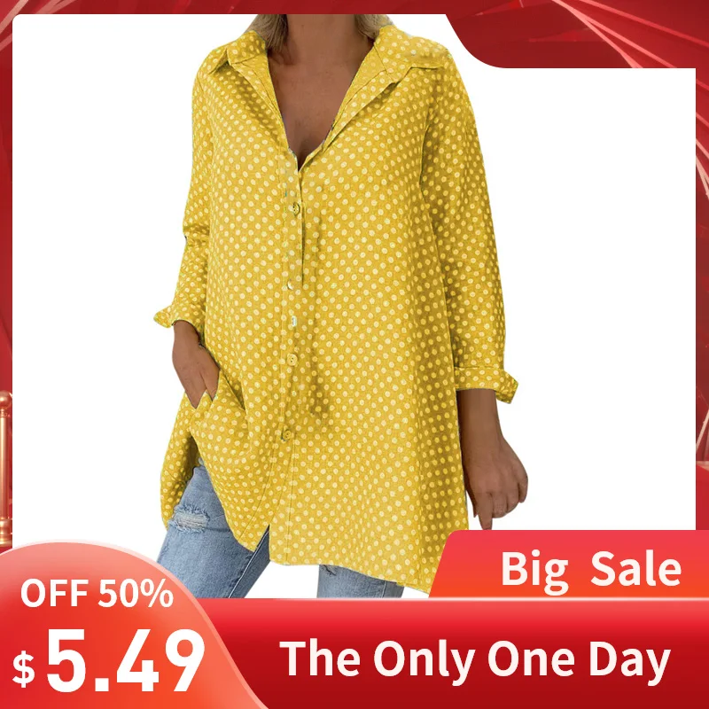 

Blouse 2019 Casual Women Loose Vintage Long Sleeve Polka Dots Shirt Fashion Women Autumn Tops Button Top Blouse Blusas Plus Size