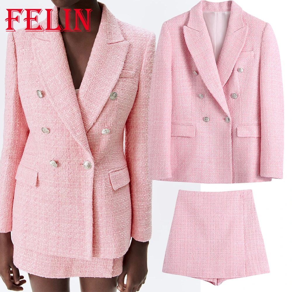FELINZA Chic Pink Office Lady Blazer Women Plaid V Neck Double Buttons Pockets Loose Long Jackets Women Fashion 2023 Chic Tops