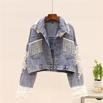 

European Station 2020 Spring New Heavy Industry Beaded Embroidery Short Denim Jacket Female Gauze Lace Jacket Tops Women Jackets