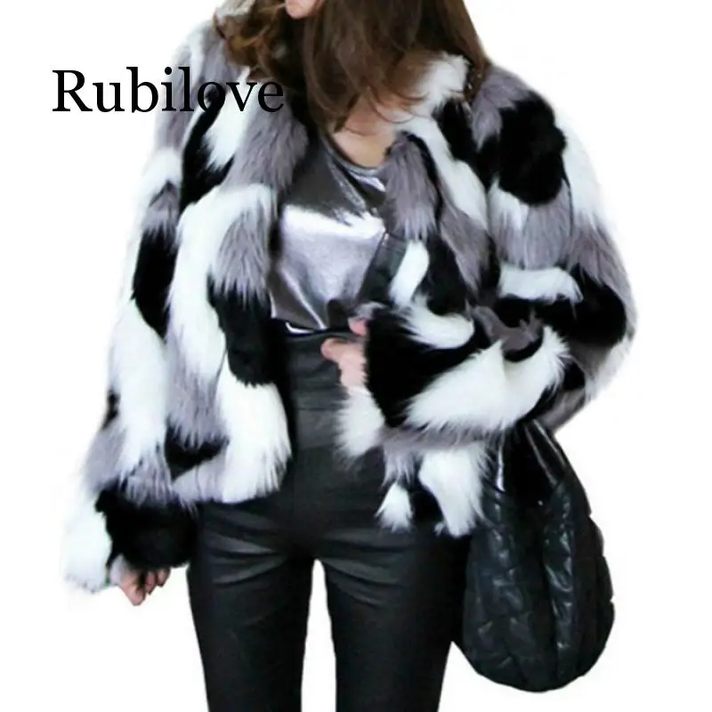 

Rubilove Winter New Imitation Fur Jacket Coat Big size Women's Loose Round Neck Short Ladies Mixed Color Coat Size XS-6X Outerwe