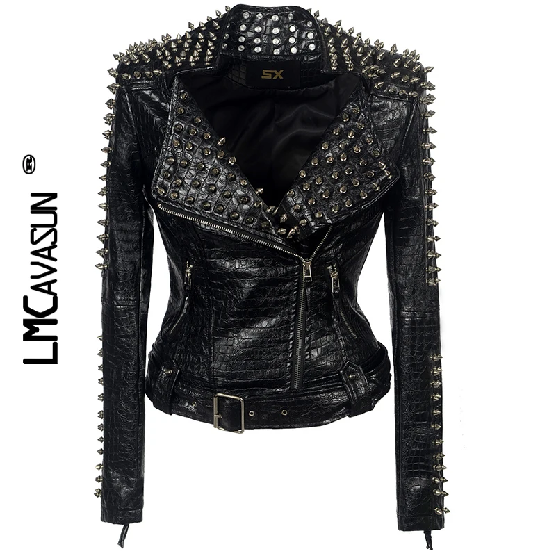 

LMCAVASUN Faux Leather PU Jacket Punk Rivet Women Winter Autumn Motorcycle Jacket Black Leather Coat Outerwear Punk Biker Coat