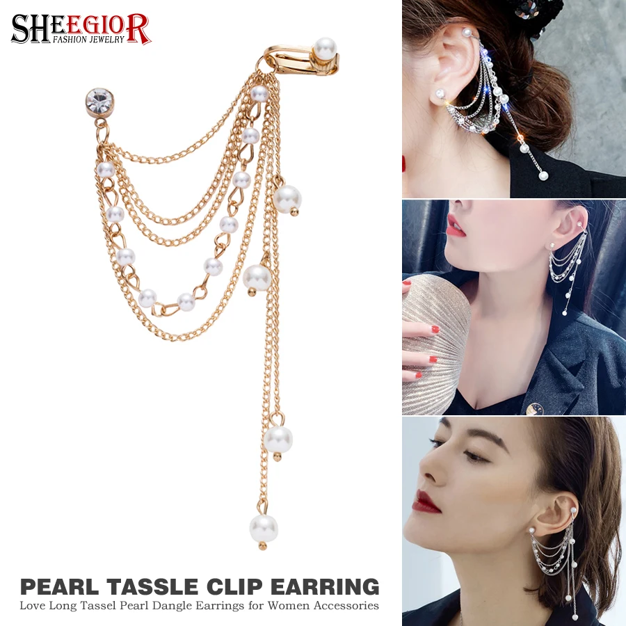 

Love Long Tassel Pearl Dangle Earrings for Women Accessories Gold Silver Pearls Chain Ear Stud Clip Earring Fashion Jewelry Gift