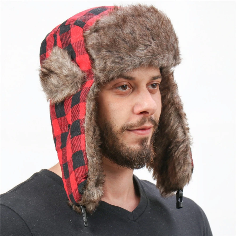 2 Pieces Plaid Ushanka Trapper Hats Unisexs Bomber Hats Winter Ear Flap Warm Eskimo Hat for Women Men 