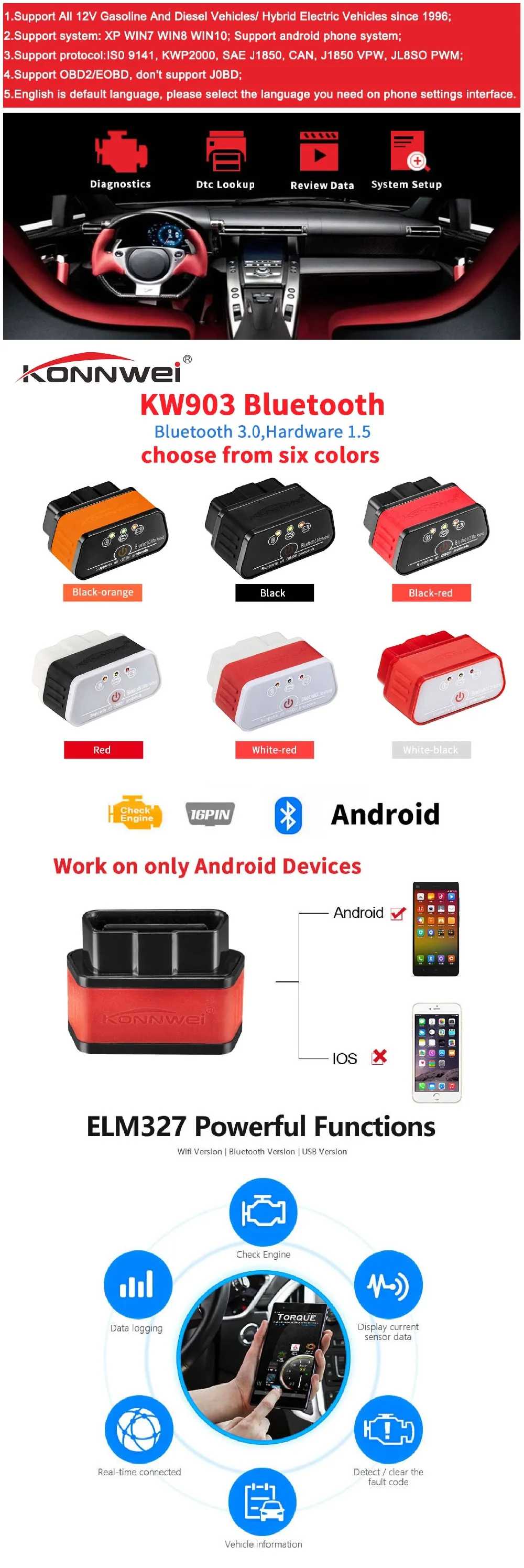 ELM327 V1.5 OBDII сканер PIC18F25K80 KONNWEI KW903 Bluetooth 3,0 OBD 2 диагностический инструмент ELM 327 считыватель кодов автоматический сканер
