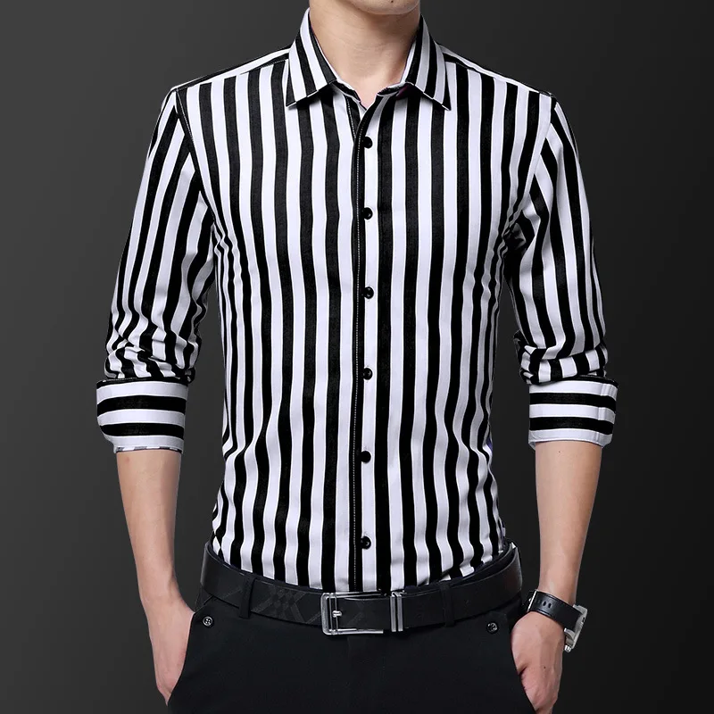VISADA JAUNA новые мужские полосатые повседневные рубашки с длинным рукавом мужские хлопковые рубашки с отложным воротником Chemise Homme размера плюс 5XL N5121 - Цвет: Black