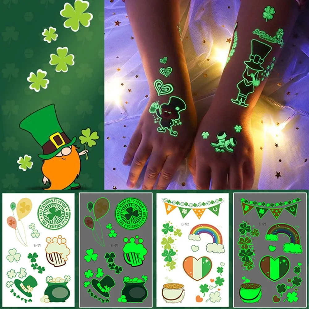

10 kinds Luminous St. Patrick' Temporary Tattoo Green Clover Irish Festivals Party Noctilucent Waterproof Disposable Sticker