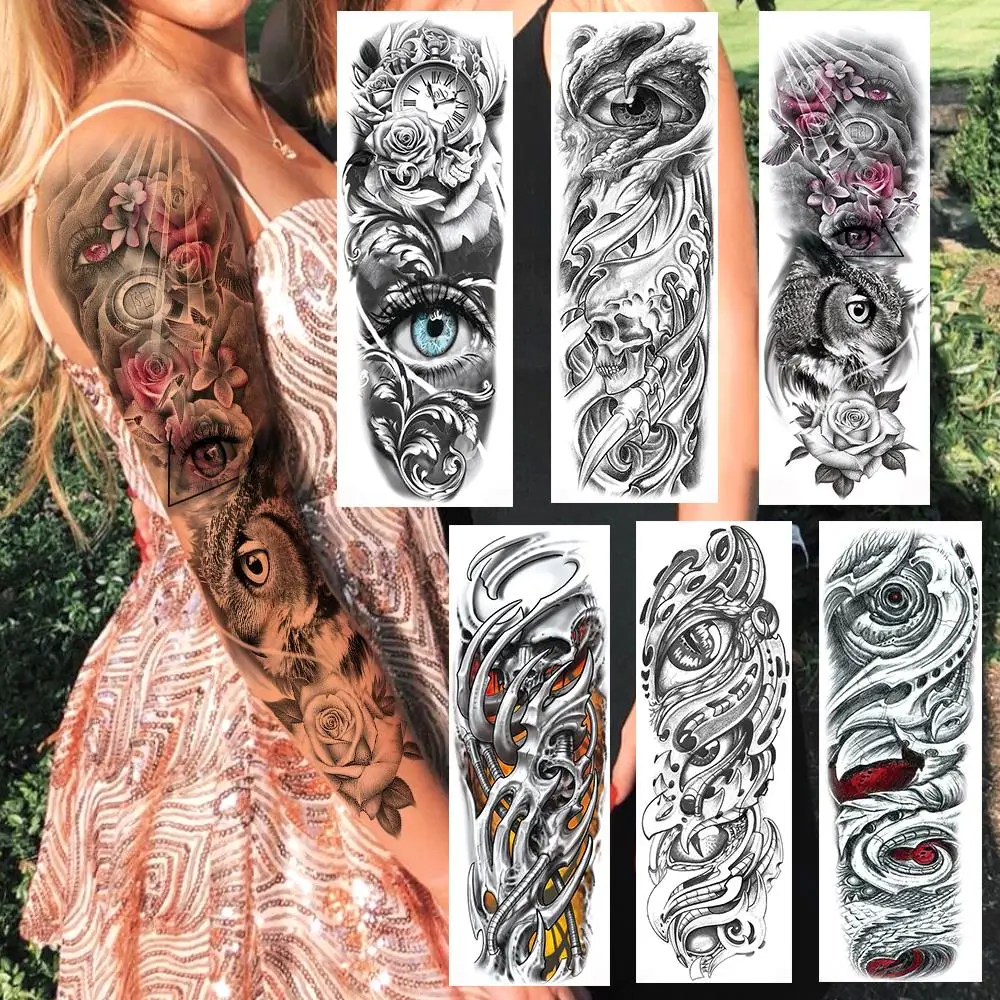 Large Size Evil Eyes Flower Temporary Tattoos Fake Purple Rose Owl