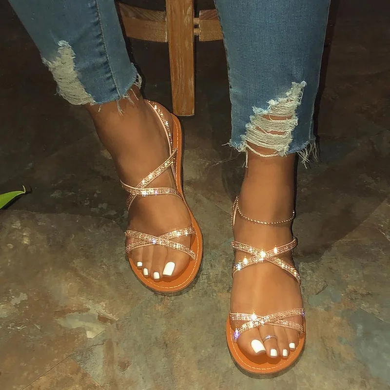 

Women Sandals Golden Bling Crystal Summer Shoes Woman Beach Flat Sandals Slip-On Plus Size Ladies Soft Bottom Slippers Female 42