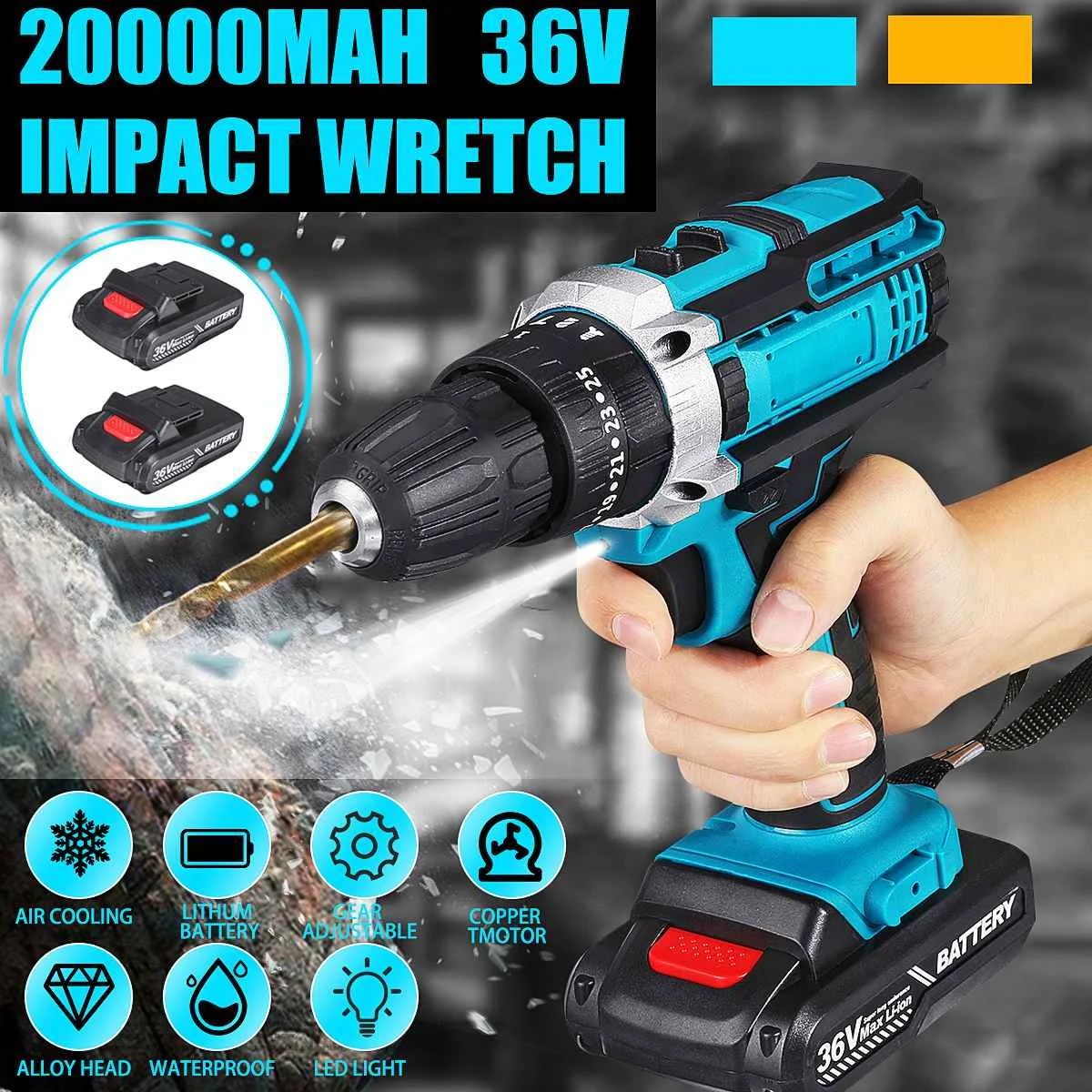 

25 Torque Electric drill 36V Drilling Tool Power-Drills Screwdriver Rechargeable Cordless Drill 20000mAh With 2 Li-ion Batte