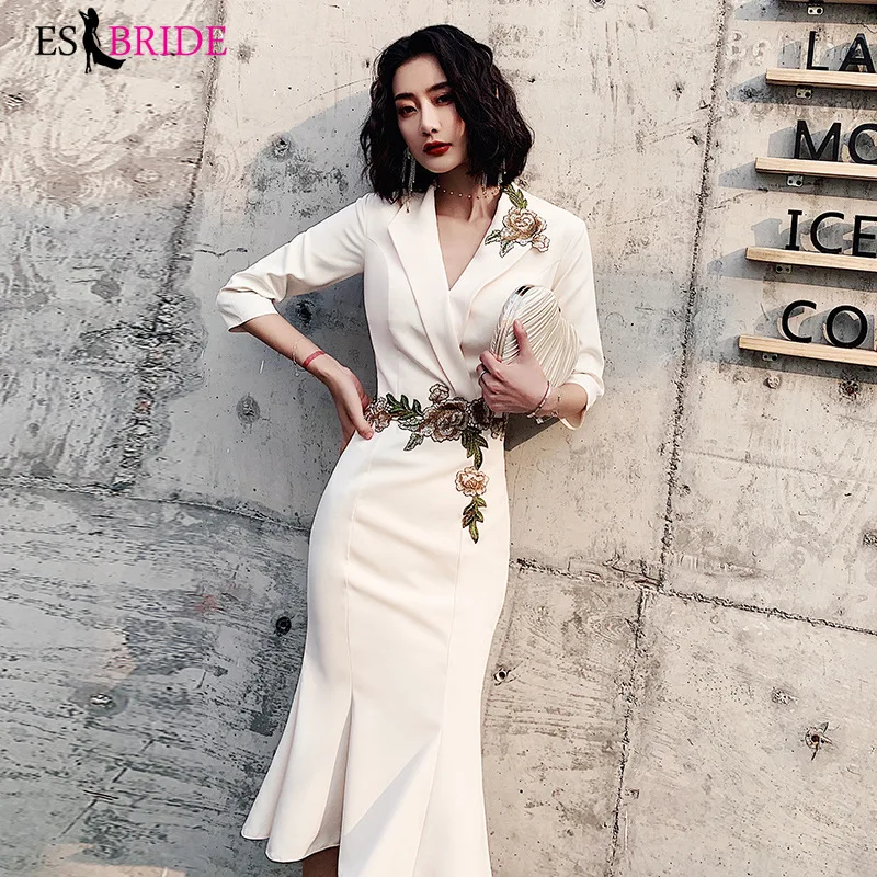 Robe De Soiree элегантные вечерние платья цвета слоновой кости длина до середины икры вышивка простой дизайн ES3095 женские вечерние платья
