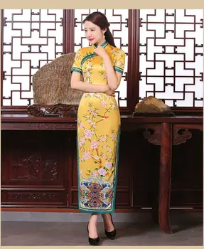 

Chinese Style Improvement Cheongsam Long With Short Sleeves Dress Yellow Etiquette Miss Flower Pattern Cheongsam Printed Qipao