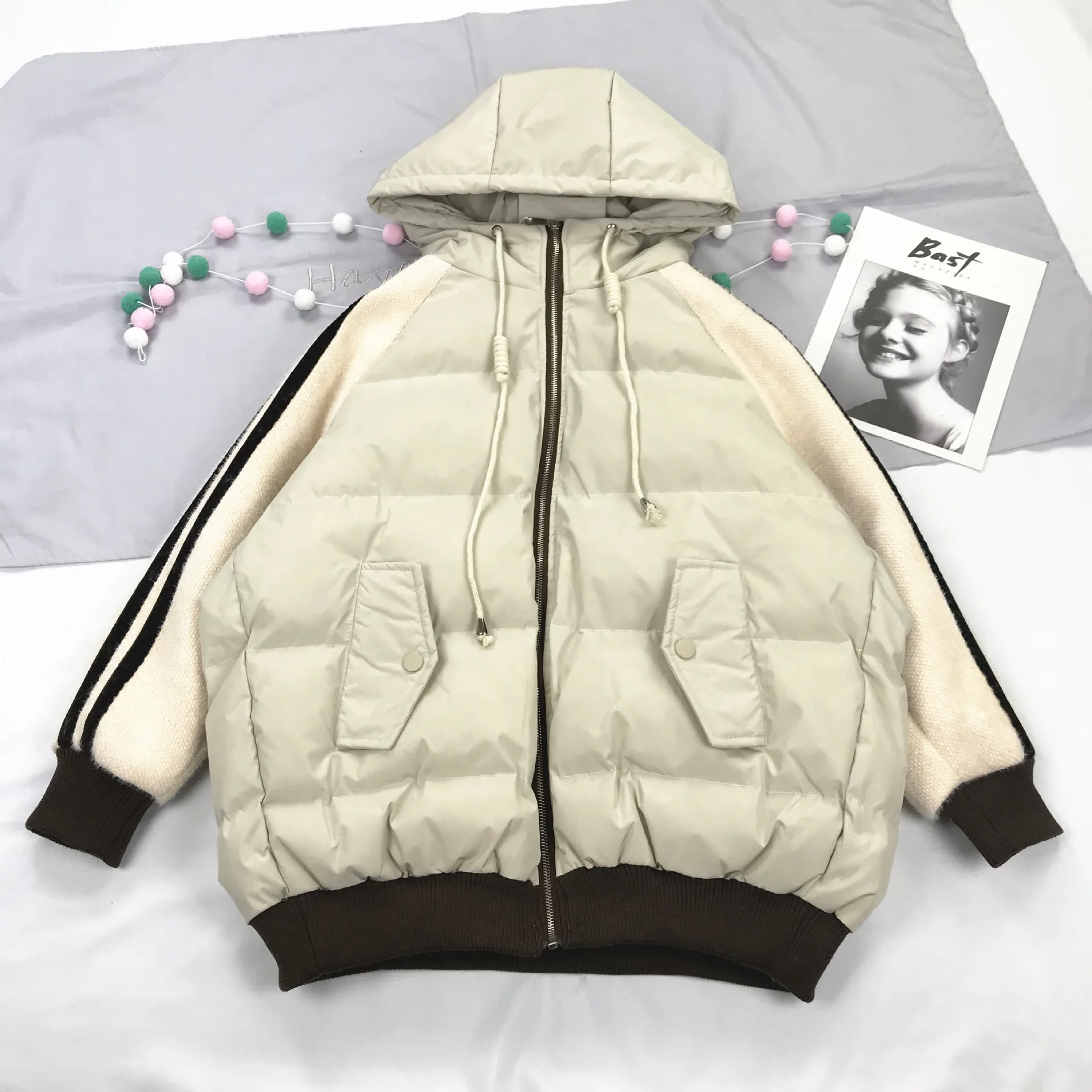 

Korean-style Casual Wind Two Tendons Knitted Raglan Sleeve Hooded Loose-Fit Mid-length down Jacket Cotton-padded Clothes CHIC