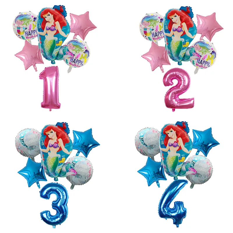 

6pcs/lot Large Cartoon Mermaid Foil 30 Inch Number Balloon Birthday Balloons for Baby Girl Gift Ariel Cartoon Helium Globos