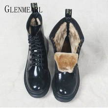 Женские зимние ботинки; Теплые ботильоны на толстом меху; кожаные ботильоны на платформе со шнуровкой; женская обувь из плюша; зимние ботинки на плоской подошве размера плюс