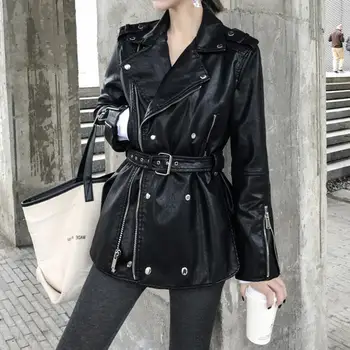 

Woman Irregular Split Belt PU Leather Jacket Fashion Black Motorcycle style Long sleeve Pu Leather Jacket Female r2146
