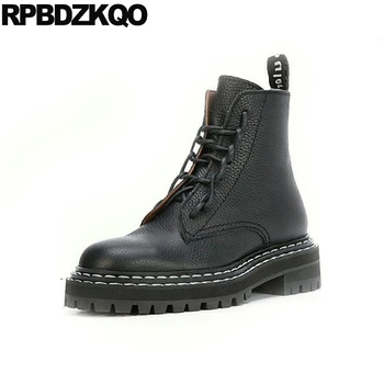 

fall horsehair genuine leather military shoes lace up short british 2019 round toe women ankle boots medium heel combat black
