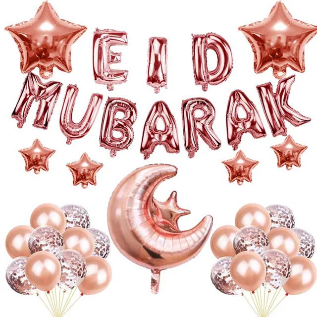 1Set Eid Mubarak Letter Foil Balloons Ramadan Kareem Decorations Banner Star Moon Helium Globos Muslim Islamic Party Supplies 37pcs rose gold