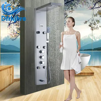 

Brushed Nickel Waterfall Shower Panel Thermostatic Wall Mounted Bathroom Shower Faucet Shower Panel Column With Hand Sprayer