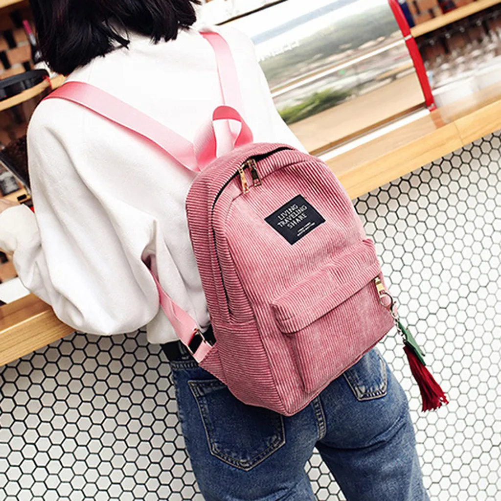 Модный вельветовый стильный рюкзак из мягкой ткани, Женская однотонная Студенческая сумка, школьная винтажная Женская Полосатая Подростковая дорожная сумка для девочек 823