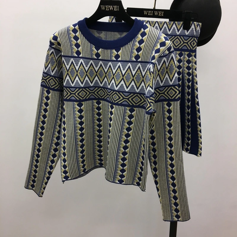 Женский винтажный вязаный свитер, юбки, комплекты с геометрическим принтом, женские трикотажные костюмы