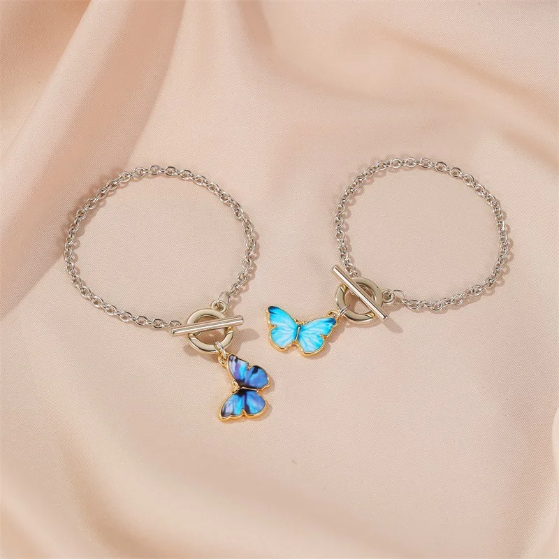 Women Butterfly Gold Color Bracelet Simple Word Buckle Chain Blue Pendant Bracelets Jewelry Gifts Accessories | Украшения и