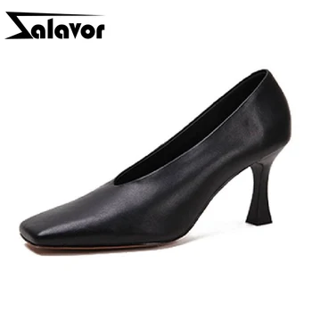 

ZALAVOR Women Pumps Real Leather Shoes Thin High Heel Shoes Slip On Square Toe Shoes Spring Party Formal Lady Shoes Size 34-39
