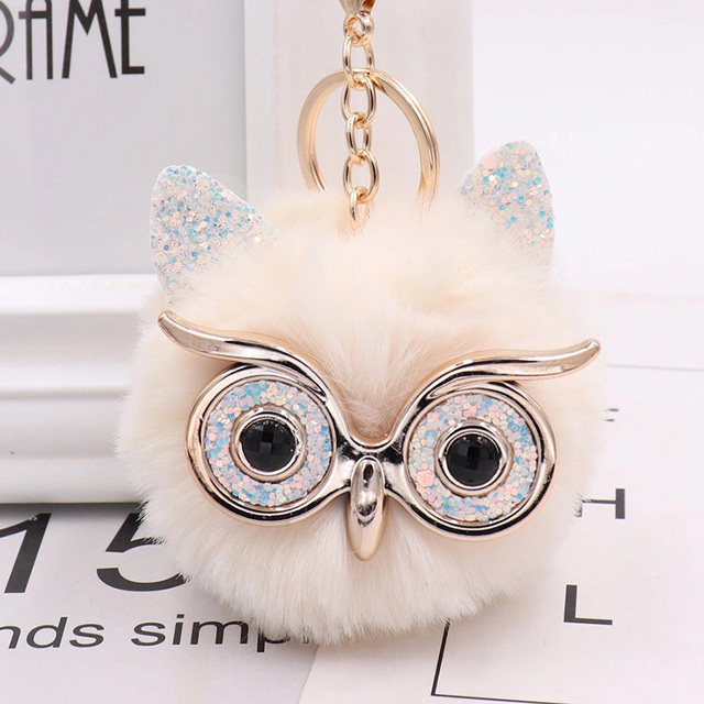 Cute Sequin Ears Owl Keychain Fluffy Artificial Rabbit Hairy Pom-pom Keychain Women's Shoulder Bag Owl Pendant Key Ring