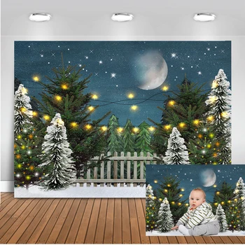 

Christmas Eve Backdrop Winter Little Star Night Background Snow Frozen World Green Pine Tree Christmas Party Decor Photocall
