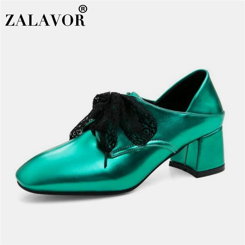 

ZALAVOR Size 30-50 Women Pumps Shoes Special Pu Leather Shine Square Toe Shoes Women Fashion Cross Strap Thick Heels Footwear